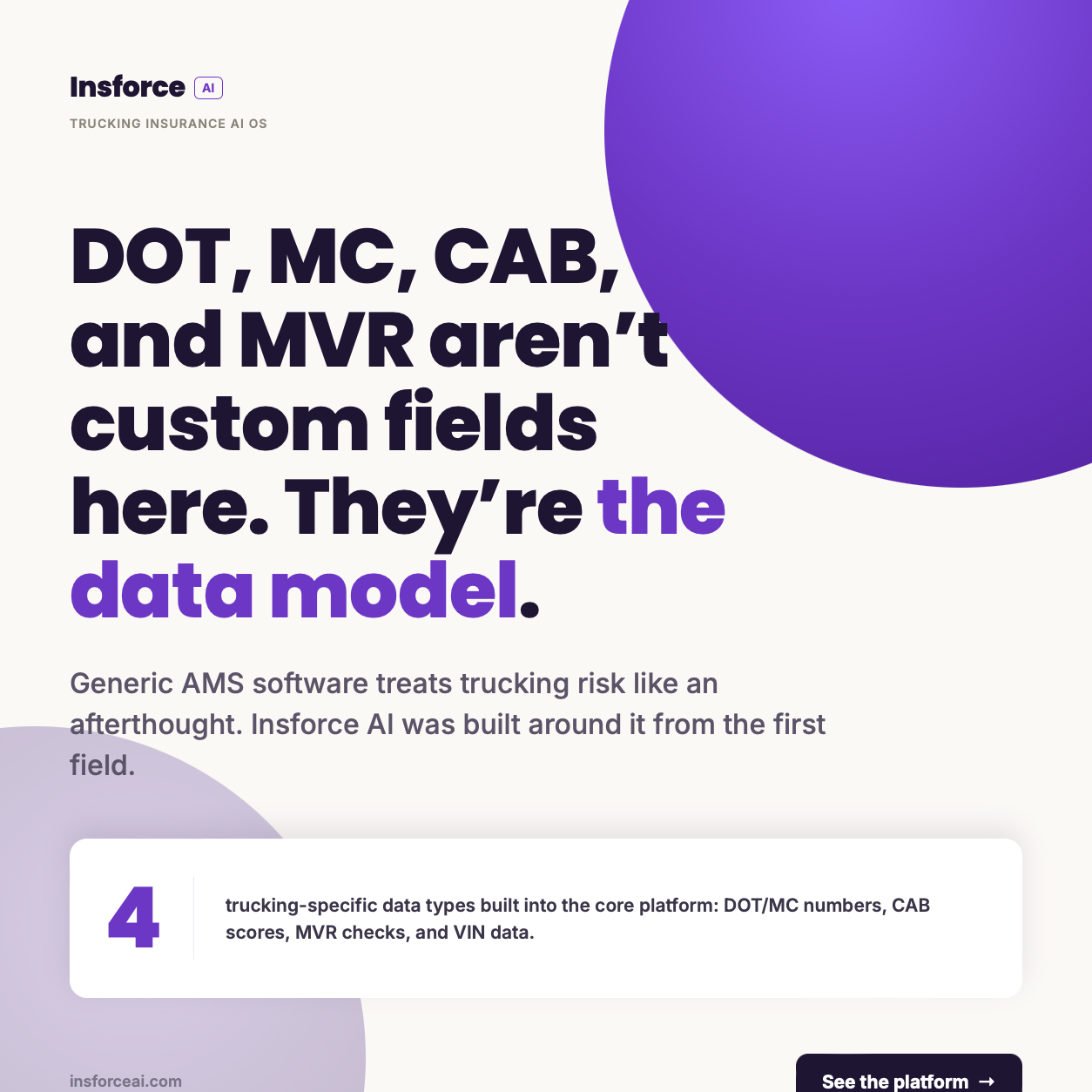 Insforce AI - DOT, MC, CAB, and MVR aren’t custom fields here. They’re the data model. See the platform.