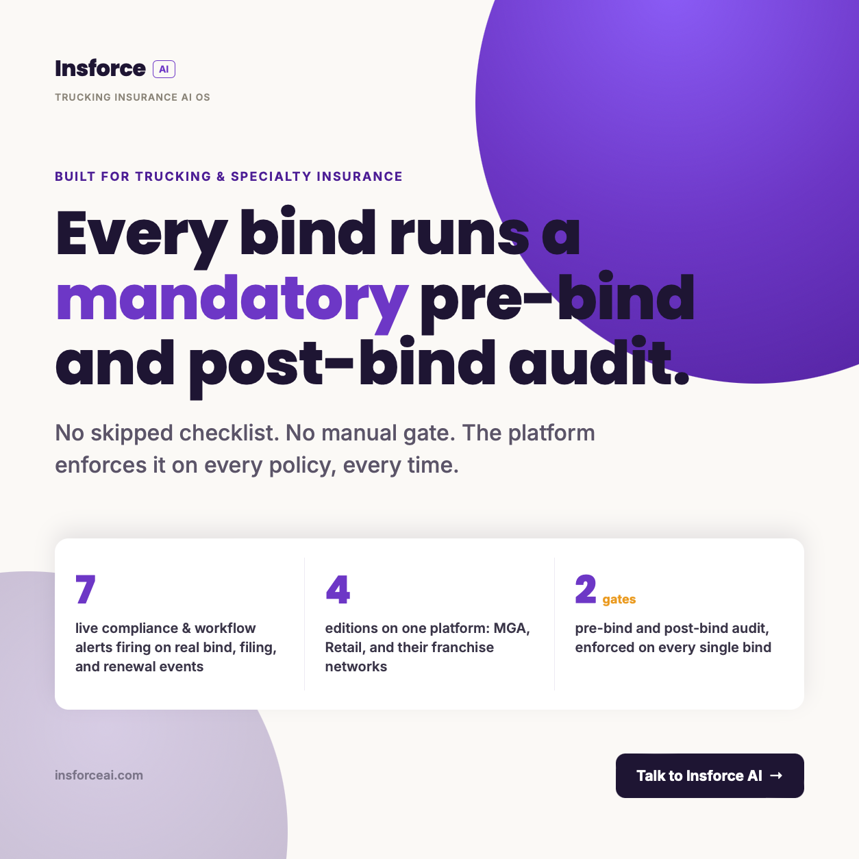 Insforce AI - Every bind runs a mandatory pre-bind and post-bind audit. Talk to Insforce AI.